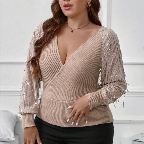 Plus size luxe raglan sleeve  sequins overlap front sweater top - Picture 4 of 5